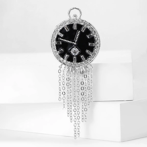 Elegant enamel clock brooch with sparkling zircon inlays and metallic silver chain tassels