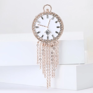 Creative rose gold clock brooch with tassels and sparkling rhinestones for sweaters