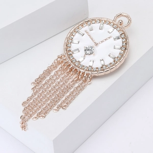 Elegant rose gold enamel clock brooch with tassel and sparkling rhinestones for sweaters