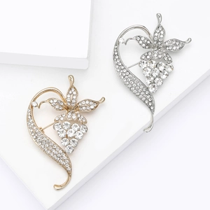 Elegant rhinestone heart flower brooches in gold and silver finish for women's fashion