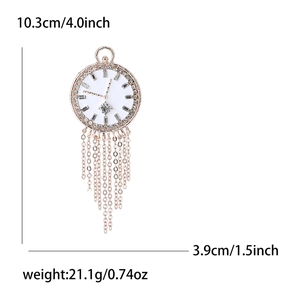Rose gold clock brooch with tassels and rhinestones, size 10.3cm by 3.9cm measurement