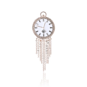 Rose gold enamel clock brooch with rhinestone inlay and elegant V-shaped tassels