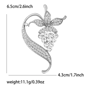 Elegant silver vine brooch with clear rhinestones for women, 6.5cm floral design pin