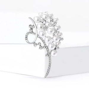 Elegant silver flower brooch with white pearls and sparkling rhinestones for women