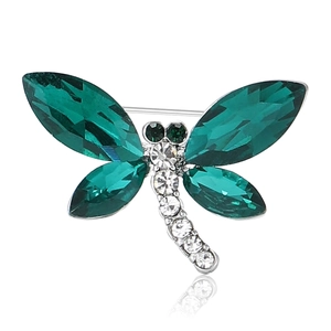 Élégante broche libellule avec ailes en cristal vert et strass scintillants sur alliage argenté