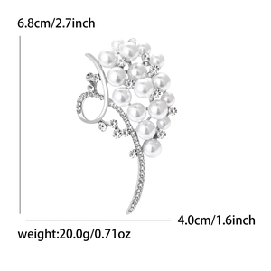 Luxury pearl grape cluster brooch with rhinestones measuring 6.8cm x 4.0cm dimensions