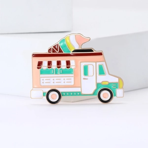 Cute enamel ice cream truck brooch pin with pastel pink and green colors on white base