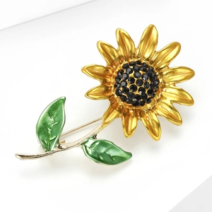 Broche Tournesol en Alliage à la Mode avec Strass Noirs Émail Goutte Épingle Plaqué Or pour Femmes Robe Costume Bijoux Accessoires
