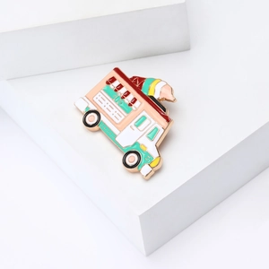 Cartoon enamel food truck brooch in pink and mint green with gold finish for women