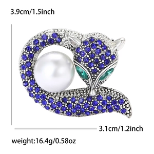 Eleganter Fuchs-Anstecknadel mit blauen Steinen und großer weißer Perle, 3,9x3,1cm