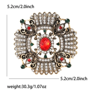 Vintage Baroque alloy brooch with red crystals and rhinestones for women, 5.2cm diameter