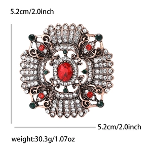 Detailed view showing dimensions and weight of the vintage red rhinestone baroque brooch