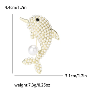 Golden dolphin brooch with white pearls and size markings, 4.4cm height jewelry