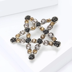 Detailed view of pentagram brooch with black rose, champagne and grey crystals