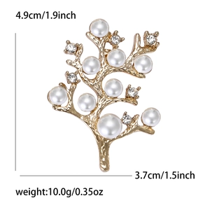 Broche élégante en forme d'arbre doré avec perles et strass mesurant 4,9 cm sur 3,7 cm