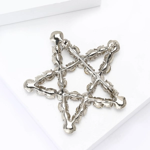 Macro shot of silver star brooch back side showing pin clasp and crystal edge details