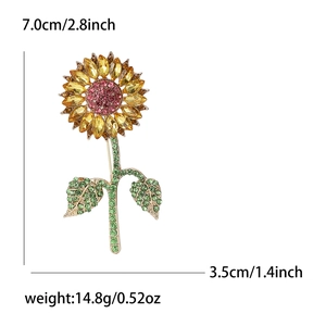 Fashionable alloy sunflower brooch with colorful rhinestones and size measurements