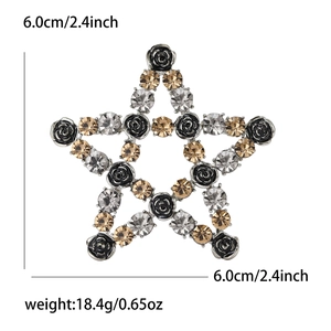 Elegant five-pointed star brooch with black roses and crystal gems for unisex fashion