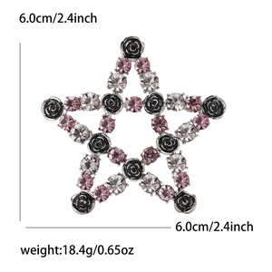Elegant silver star brooch with pink crystals and black roses for men and women