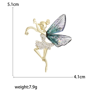 Broche fée scintillante avec ailes bleu-vert et strass blancs, taille 5,1 x 4,1 cm
