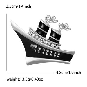 Detailed view of alloy enamel steamship brooch with dimensions 4.8cm width and 3.5cm height