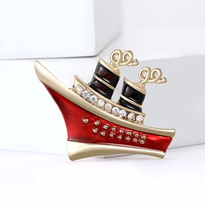 Fashionable red enamel cruise ship brooch with gold alloy and white rhinestones