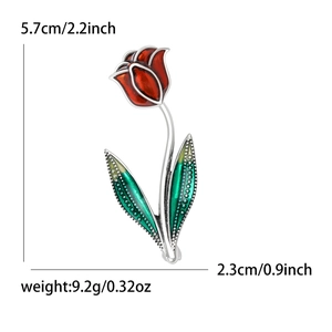 Broche tulipe élégante en émail rouge avec métal argenté et feuilles vertes 5.7cm