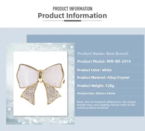 Detailed specifications for white alloy bow brooch with rhinestones and 29mm size dimensions