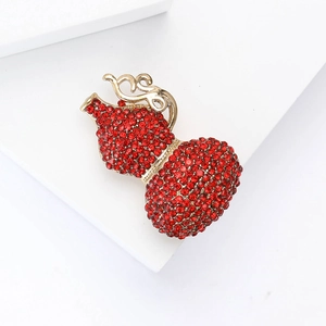 Luxury gold gourd brooch with sparkling red rhinestones for women's suit and shawl