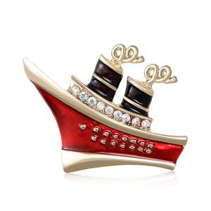 Vintage Alloy Cruise Ship Brooch For Men Women Red Black Enamel Steamship Pins With Rhinestone Accents Creative Jewelry Gift