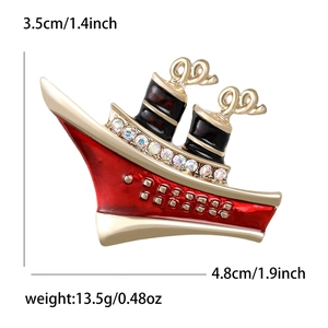 Fashionable red enamel cruise ship brooch with rhinestones and gold alloy base