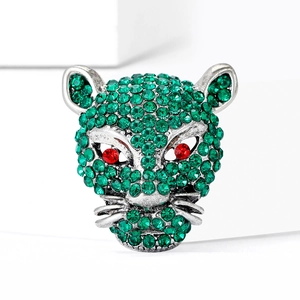 Luxury silver panther head brooch with sparkling green rhinestones and red crystal eyes