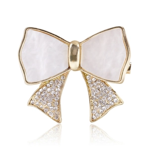 Elegant Alloy Rhinestone Bow Brooch Pin For Women High End White Inlay Gold Finish Clothing Accessories Jewelry Decor