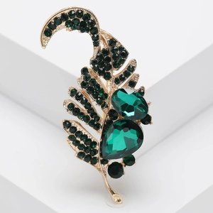 Vintage gold leaf brooch with emerald crystals and rhinestones for women suit