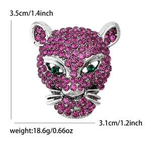 Sparkling pink rhinestone leopard head brooch with green crystal eyes for women