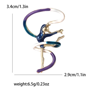 Detailed view of enamel gymnast brooch showing size 3.4x2.9cm and 6.5g weight info