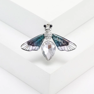 Exquisite silver bee brooch featuring gradient purple wings and teardrop crystal accent