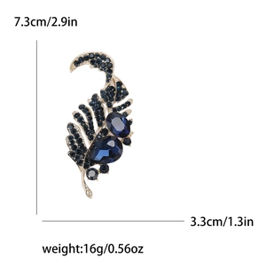 Vintage gold alloy leaf brooch with navy blue rhinestones and product dimensions