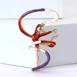 Fashionable alloy enamel brooch featuring a gymnastic girl dancer with colorful ribbon