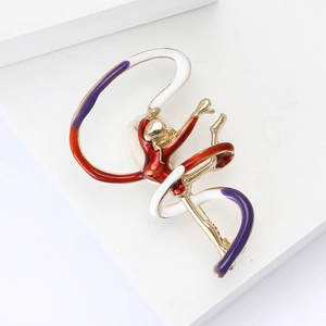 Artistic rhythmic gymnast brooch in gold metal with colorful enamel ribbons