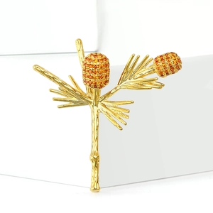 Exquisite golden pine branch brooch with micro-pave orange cubic zirconia pinecones