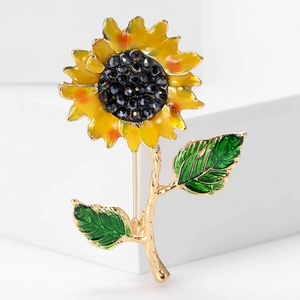 Broche Tournesol en Émail Alliage Fleur Jaune Strass Corsage pour Femmes Costume Robe Bijoux de Mode Accessoire