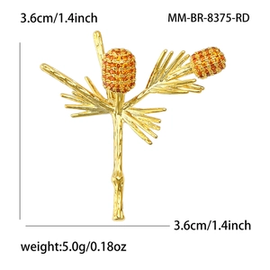 Exquisite gold-plated pine branch brooch with micro-paved orange cubic zirconia stones