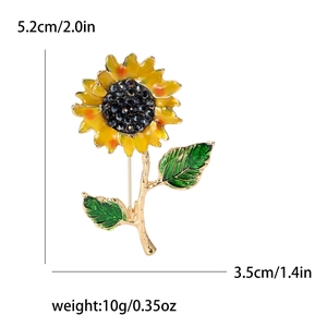 Broche tournesol en émail doré avec pétales jaunes et feuilles vertes pour femmes