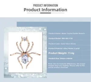 Detailed specs of the gold spider brooch featuring rhinestones and alloy material