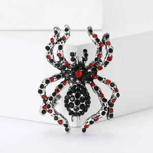 Exaggerated Halloween spider brooch with silver alloy and sparkling black and red rhinestones