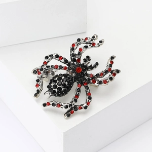 Gothic silver alloy spider brooch with black and red rhinestones for Halloween suit accessory