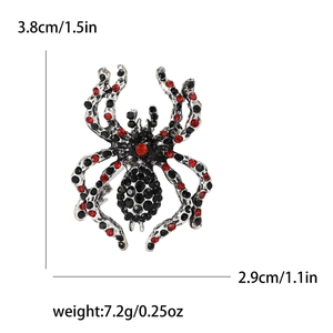 Gothic spider brooch in silver alloy with black and red rhinestones for suits