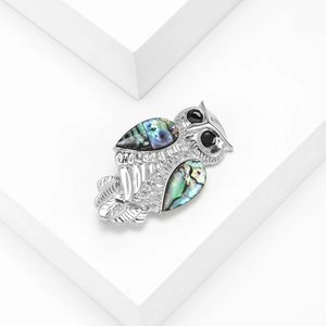 Vintage owl brooch with silver metal texture and iridescent abalone shell wings