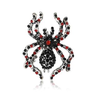 Gothic spider brooch with red and black rhinestones on silver metal base for Halloween
